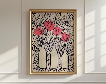Pink Flowers in Vases Print: Abstract Floral Line Art (Digital Download)