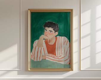Puede incluir: Una pintura de una persona con cabello oscuro que lleva una camisa a rayas rojas y blancas, mirando hacia la izquierda. El fondo es de un color verde sólido.