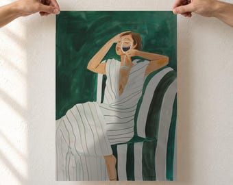 Woman With Wine Glass Art Print, Emerald Green Wall Art, Relaxed Striped Dress Painting, Wine Lover Gift, Unframed Poster