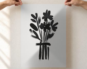 Black and White Floral Art Print, Minimalist Flower Bouquet, Brushstroke Botanical Poster, Modern Monochrome Wall Art, Unframed