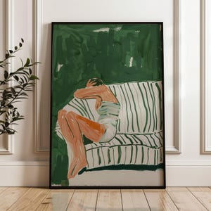 Emerald Green Abstract People Large Wall Art Contemporary Artwork Minimalist Print Living Room Wall Art Stripe Woman Print Digital Download