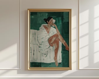 Emerald Green Abstract People Large Wall Art Contemporary Artwork Minimalist Print Living Room Wall Art Wine Lover Print Digital Download