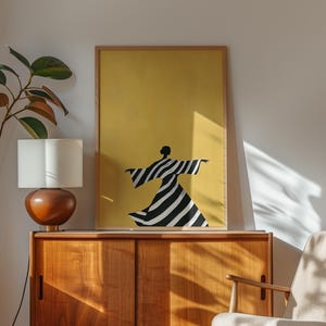 Minimalist Woman Art Print: Yellow, Black & White Stripes (digital ...