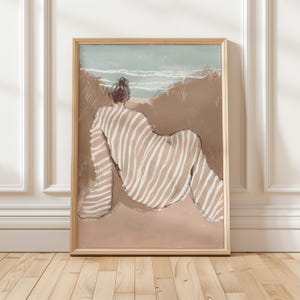 以下が含まれることがあります： 砂浜に座って、縞模様のシャツを着て、海を見ている人のデジタルイラストです。