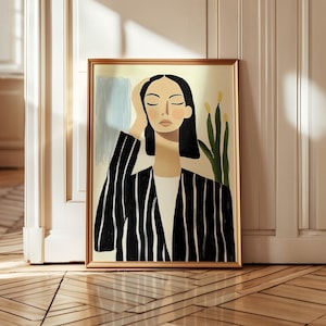 Minimalist Woman Portrait Print: Striped Blazer, Modern Art (Digital Download)