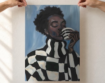 Black Woman Drinking Coffee Art Print, Checkered Sweater Portrait, Blue Kitchen Wall Art, Coffee Lover Gift, Unframed Poster