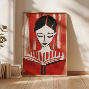 Impresión artística abstracta de una mujer leyendo, obra de arte minimalista con rayas rojas y blancas, decoración de pared moderna y llamativa, descarga digital artística