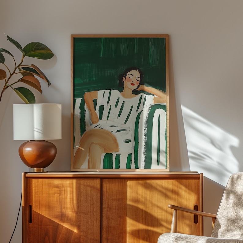 Relaxing woman art print, green and white minimalist portrait, modern figurative wall art, abstract lounging decor, digital home artwork