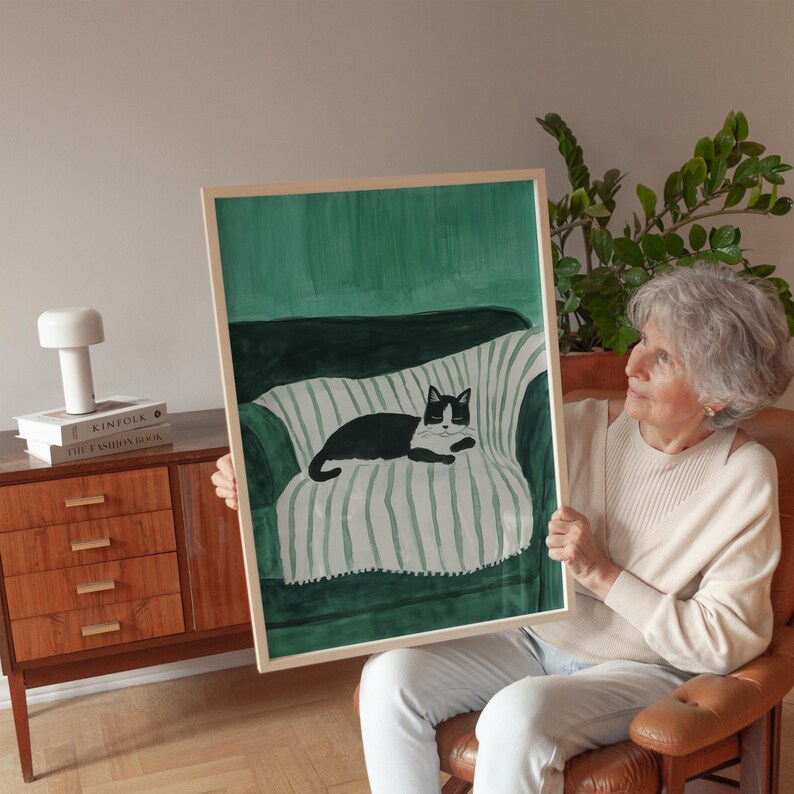 Black and White Cat on Striped Blanket Cozy Handpainted Acrylic Art