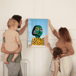 Bold abstract face art print, colorful portrait, modern street art, vibrant green figure, geometric urban decor, pop art inspired