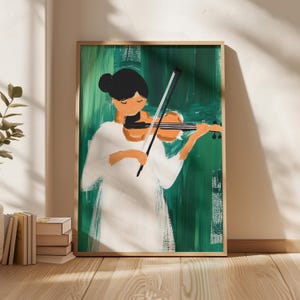 Violin Girl Art Print: Modern Green Music Portrait (Digital Download)
