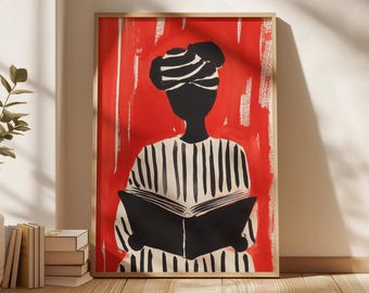Modern reading woman art, bold red and black illustration, minimalist striped design, abstract cultural portrait, digital wall art download