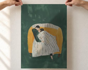 Emerald Green Couple Art Print, Embrace on Mustard Sofa, Romantic Love Wall Art, Anniversary Gift, Unframed Matte Poster