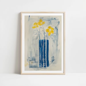 Florero azul eléctrico Arte imprimible Neutro Amarillo Azul Arte de pared Acuarela Botánica Descarga digital Decoración floral para el hogar