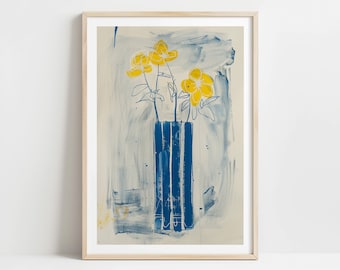 Flower Vase Electric Blue Printable Art Neutral Yellow Blue Wall Art Watercolor Botanical Digital Download Floral Home Decor