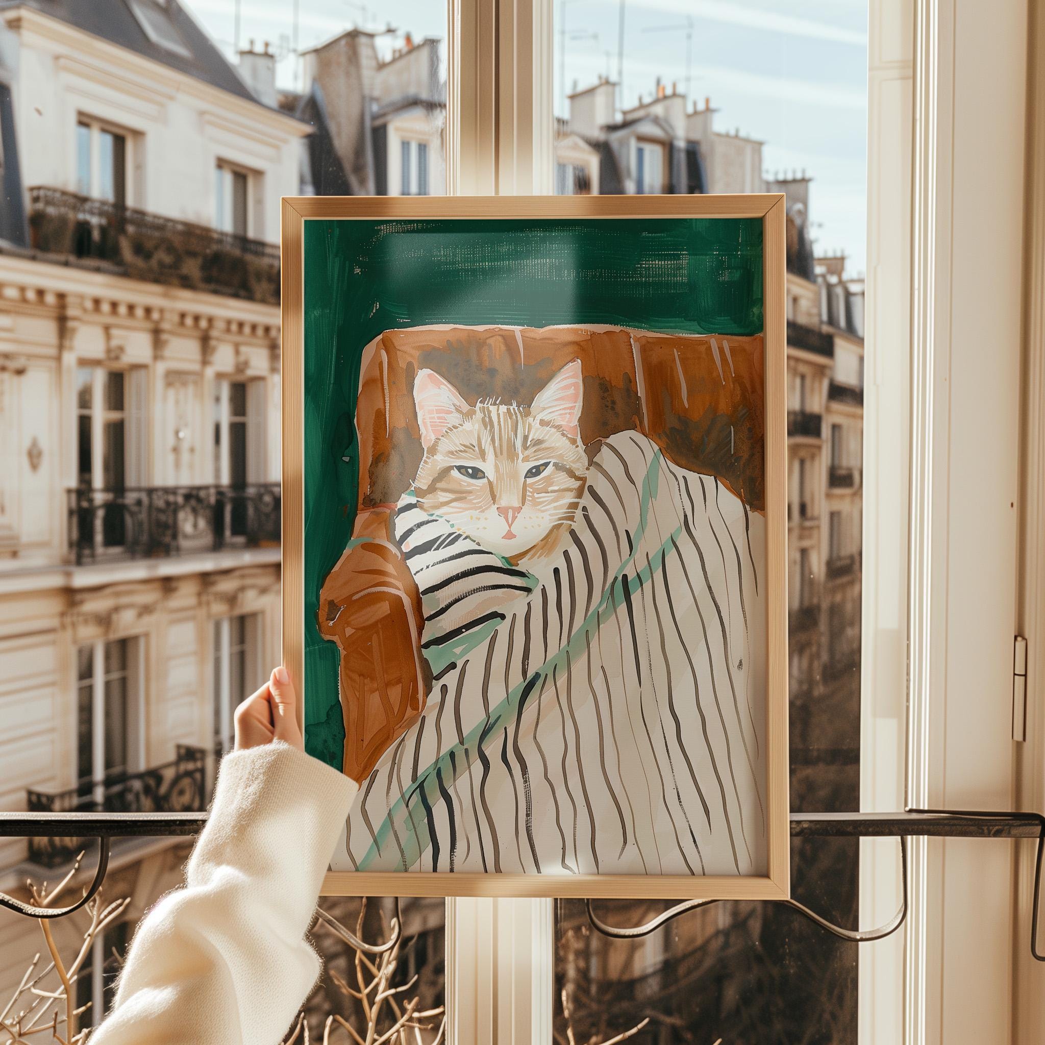 居心地の良いトラ猫のアートプリント：ストライプ柄の毛布のイラスト