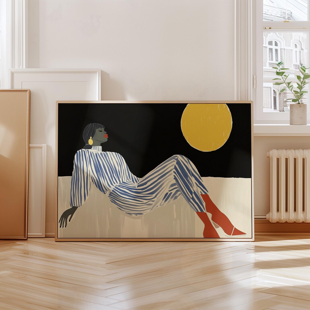 Bold Modern Woman Art Print, Abstract Blue and White Striped Outfit ...