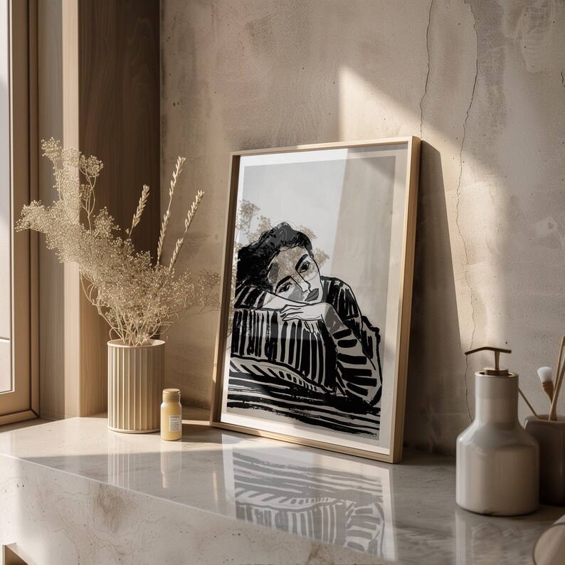 Daydream Reverie: Striped Elegance - Black & White Digital Portrait, Expressive Wall Art, Modern Art, Abstract Wall Art, Digital download.
