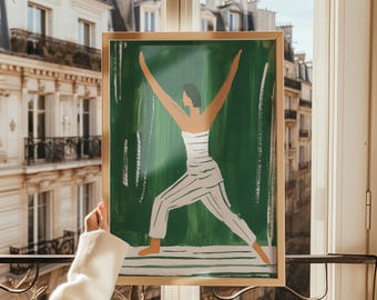 Minimalist Yoga Warrior Pose Print: Green Zen Wall Art (Digital Download)