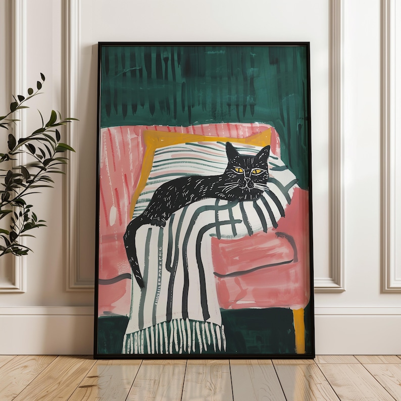 Black Cat Wall Art, Cozy Cat Illustration, Modern Cat Decor, Whimsical Animal Art, Cat Lover Gift, Striped Blanket Print, Playful Cat Poster