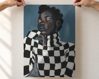 Black Woman Portrait Art Print, Checkered Turtleneck, Blue Lips Modern Painting, Contemporary Afro Woman Wall Art, Unframed
