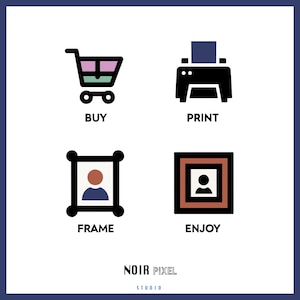 May include: Four icons representing the steps of buying, printing, framing, and enjoying a picture. The icons are in black, white, and colored outlines. The first icon is a shopping cart, the second is a printer, the third is a picture frame, and the fourth is a picture frame with a person inside.