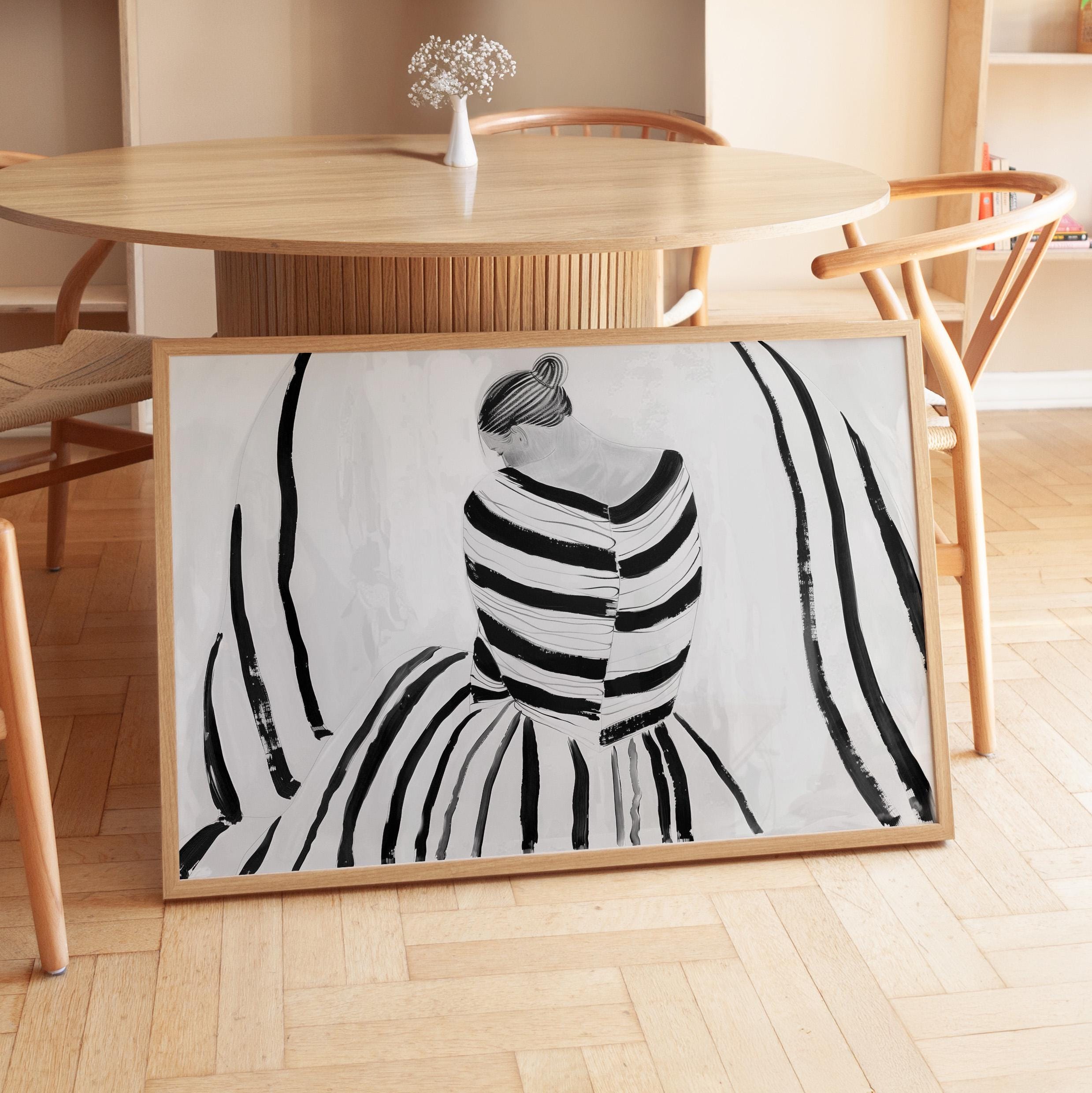 Striped Woman Art Print: Minimalist Black and White Decor (digital ...