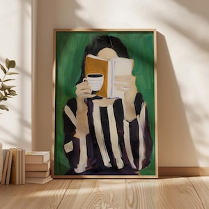 Arte moderna di lettura di donna verde smeraldo, libro e illustrazione verde caffè, design minimalista a strisce, ritratto di donna astratto, stampa digitale