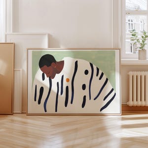 Minimalistischer Kunstdruck, abstrakte Schwarz-Weiß-Streifen, modernes digitales Kunstwerk mit orangefarbenem Akzent, ruhiges zeitgenössisches Wanddekor