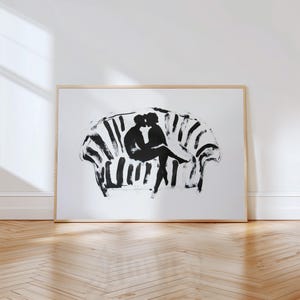 Romantic couple on couch, black and white minimalist print, abstract silhouette, modern wall art, digital download, printable love art