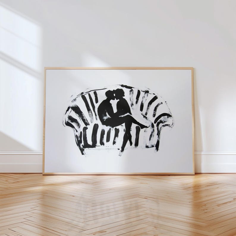 Romantic couple on couch, black and white minimalist print, abstract silhouette, modern wall art, digital download, printable love art