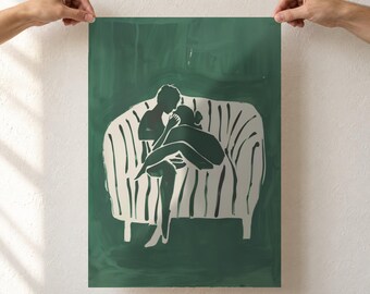 Abstract Couple Silhouette Print, Emerald Green Love Wall Art, Couple on Striped Armchair, Minimalist Romantic Poster, Unframed