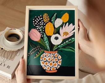 Bold floral bouquet art print, colorful abstract flower vase painting, vibrant nature-inspired wall decor, modern botanical illustration,