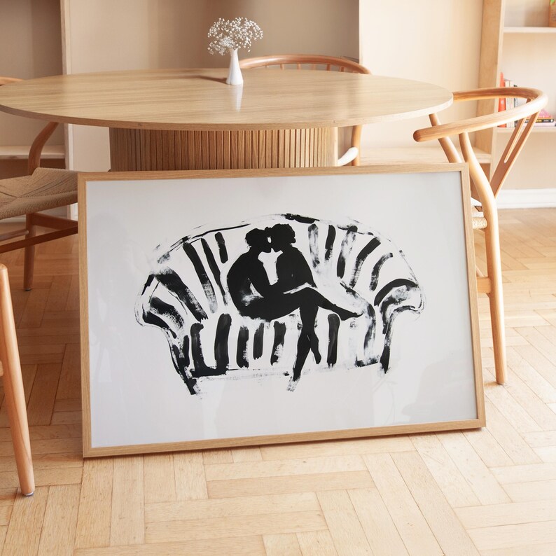Romantic couple on couch, black and white minimalist print, abstract silhouette, modern wall art, digital download, printable love art