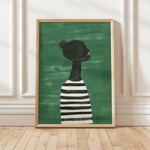 以下が含まれることがあります： 緑色の背景に、黒色の肌と白黒のストライプのシャツを着た人のデジタルイラスト