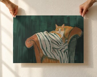 Sleeping Orange Cat Art Print, Ginger Cat on Armchair, Dark Green Horizontal Wall Art, Cat Lover Gift, Unframed Poster