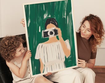 Minimalist photographer art print, woman with camera, green and white wall decor, modern abstract figure, stylish photography illustration