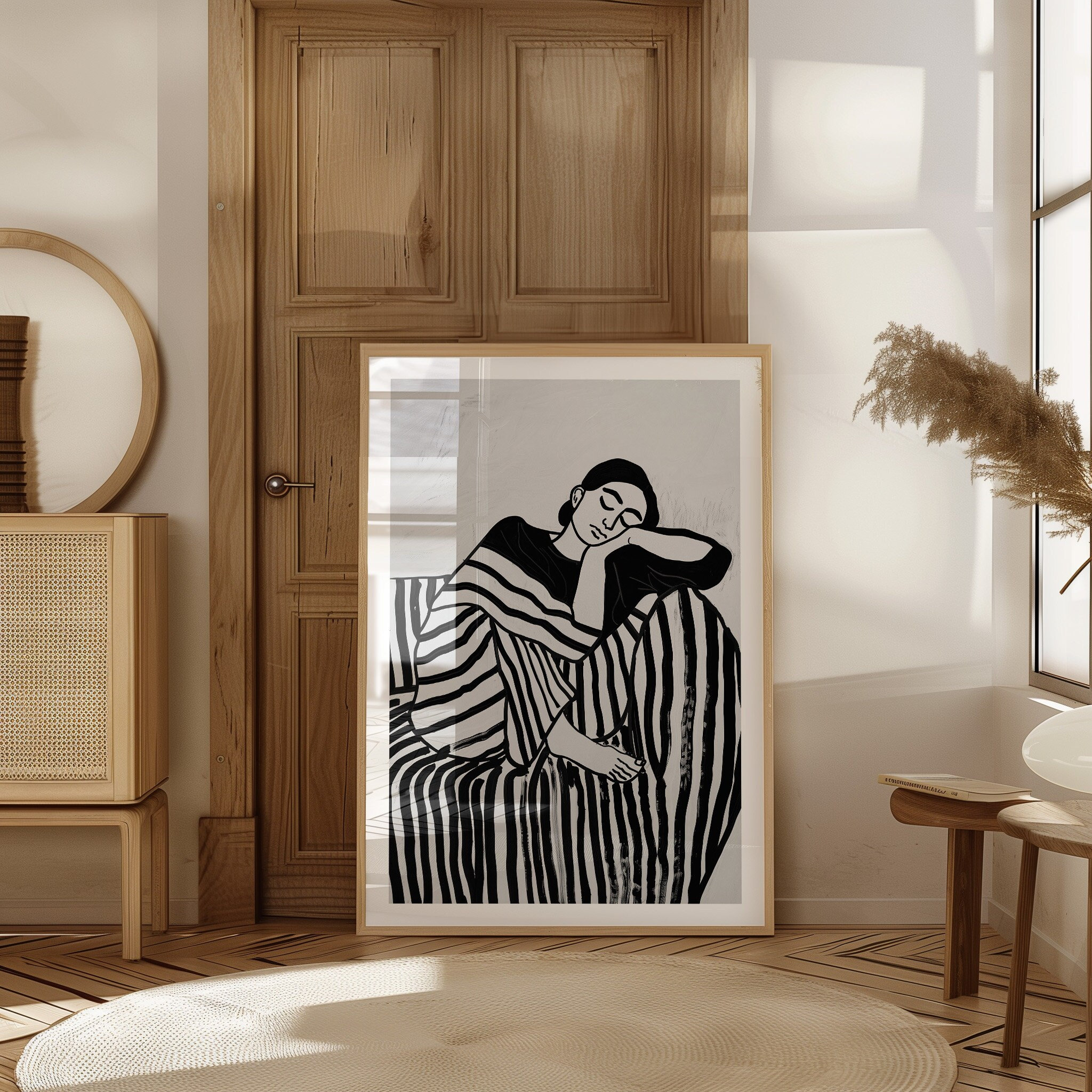 Abstract Woman Print: Striped Serenity, Modern Wall Art (digital