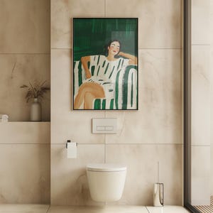 Relaxing woman art print, green and white minimalist portrait, modern figurative wall art, abstract lounging decor, digital home artwork
