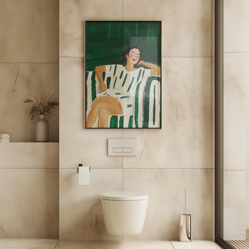 Relaxing woman art print, green and white minimalist portrait, modern figurative wall art, abstract lounging decor, digital home artwork