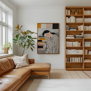 Sleepy girl with books illustration, cozy reading art print, minimalistic decor, striped design, peaceful study room decor, modern wall art