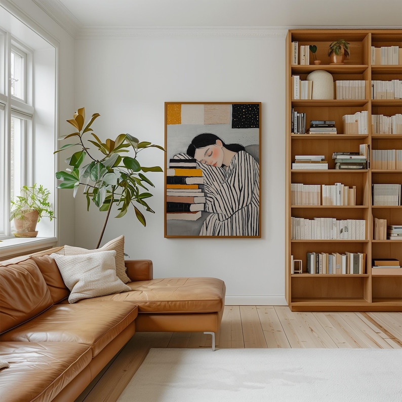 Sleepy girl with books illustration, cozy reading art print, minimalistic decor, striped design, peaceful study room decor, modern wall art