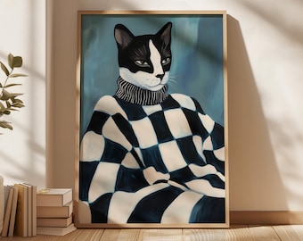 Majestic Cat Art Print: Geometrical Sweater, Modern Pet Portrait (Digital Download)