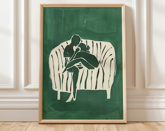 Lámina abstracta de pareja en verde esmeralda: Arte contemporáneo minimalista (Descarga digital)