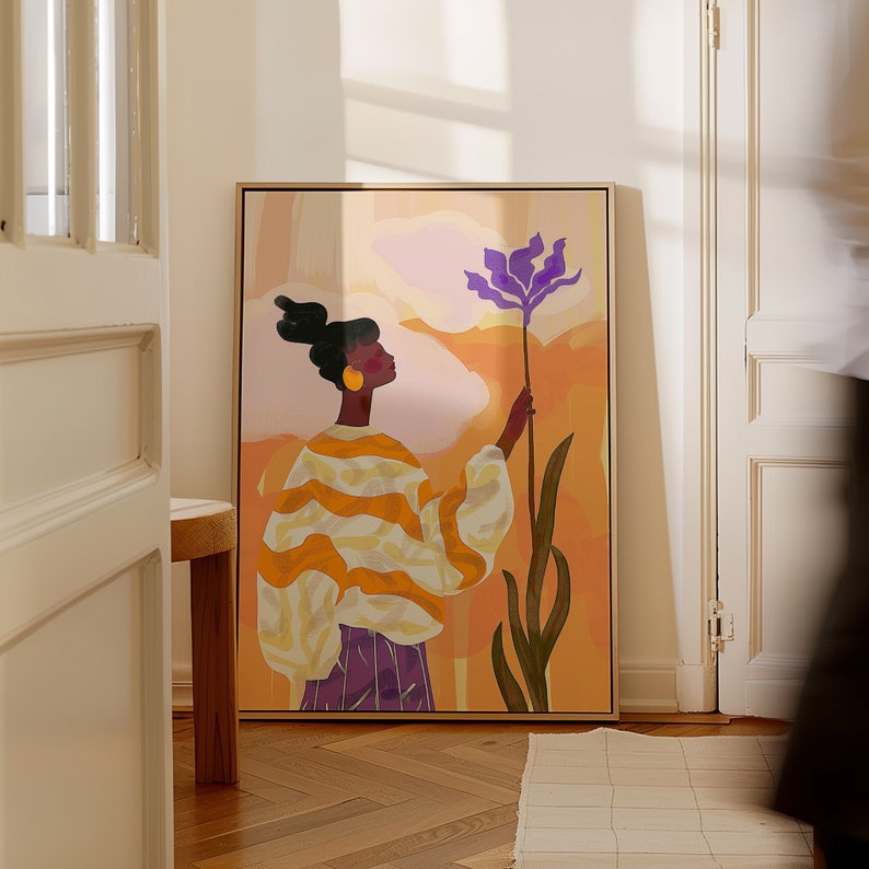 Orange Purple Abstract People Art, Wall Decor Mid Century Art, Minimalist Print Modern, Abstract Art Living Room, Female Figure Wall Decor