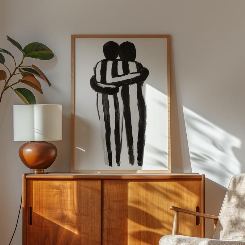 Abstract Hugging Figures Art Print: Minimalist Black and White (digital ...