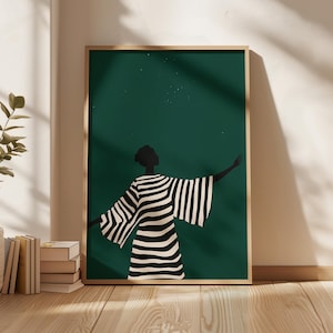 Emerald Green Woman Art Print: Minimalist Black and White Stripe (Digital Download)