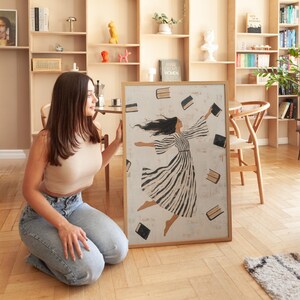 Woman Reading Illustration Modern Wall Art Contemporary Art Minimalist Stripe Dress Print Flying Books Print Book Lover Art Digital Download