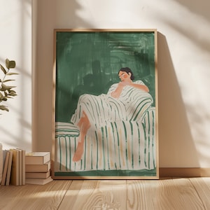 Emerald Green Abstract People Large Wall Art Contemporary Artwork Minimalist Print Living Room Wall Art Stripe Woman Print Digital Download