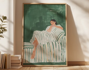 Emerald Green Abstract People Large Wall Art Contemporary Artwork Minimalist Print Living Room Wall Art Stripe Woman Print Digital Download